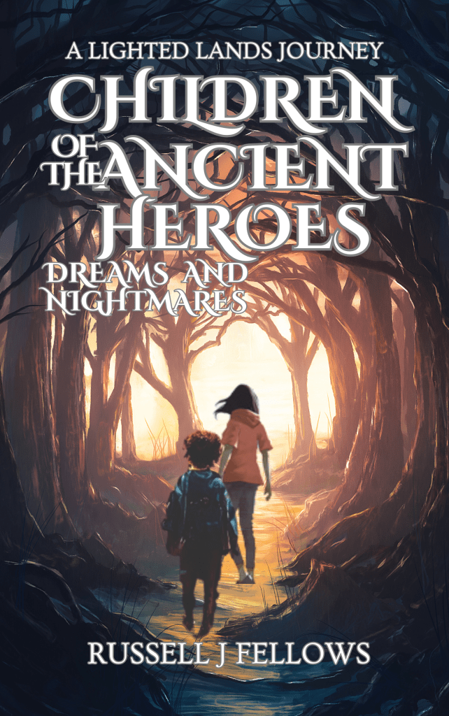 Book cover for the upcoming Middle-Grade Fantasy "Children of the Ancient Heroes: Dreams and Nightmares". It shows two children facing away from the viewer, one a girl dressed in leggings and a red hoodie